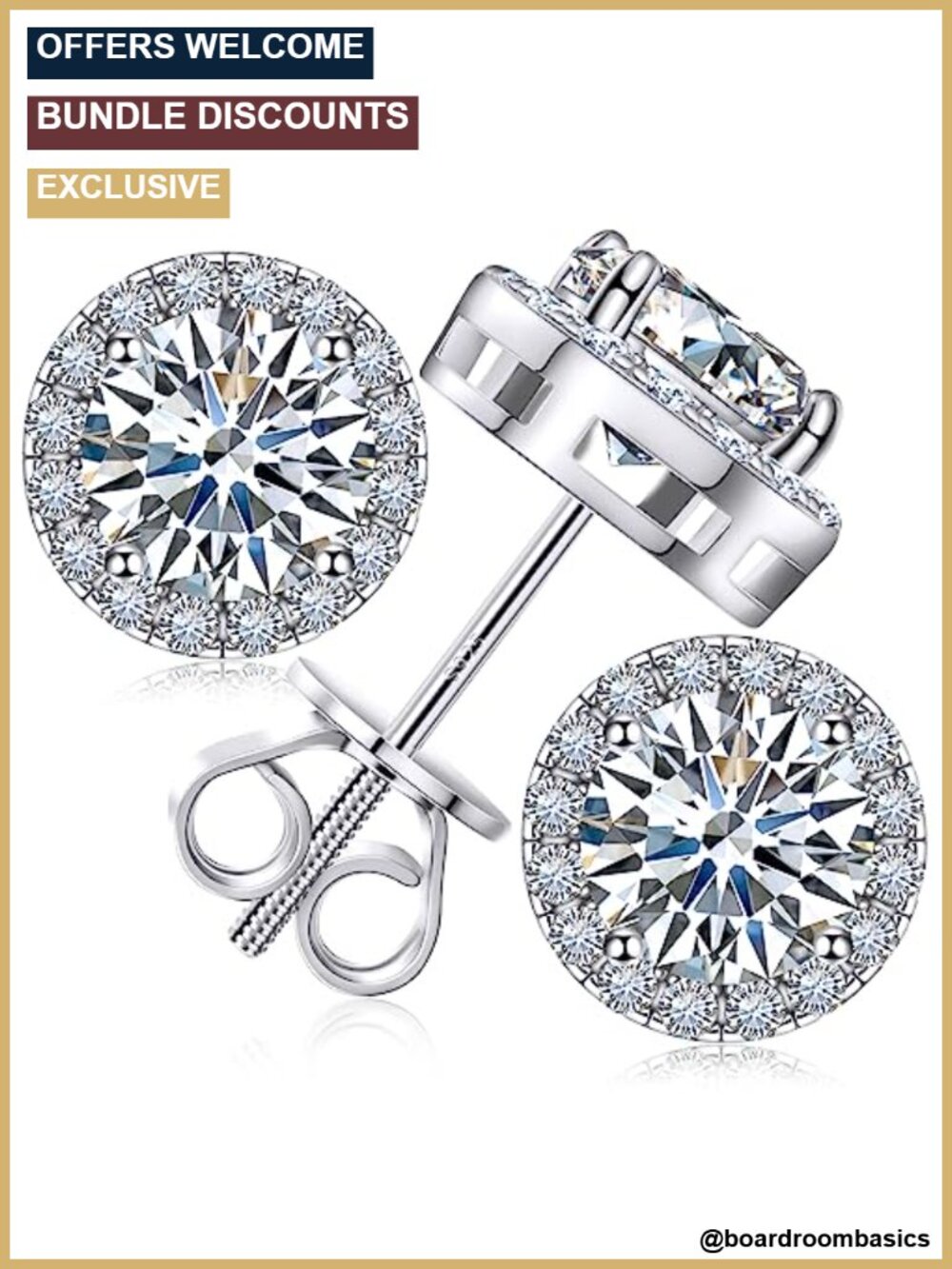 Moissanite Halo Stud Earrings Screw Back 925 Sterling Silver 18K White Gold